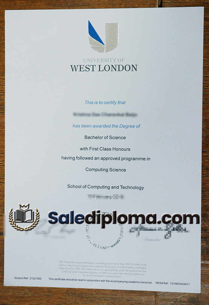 order University of West London certificate